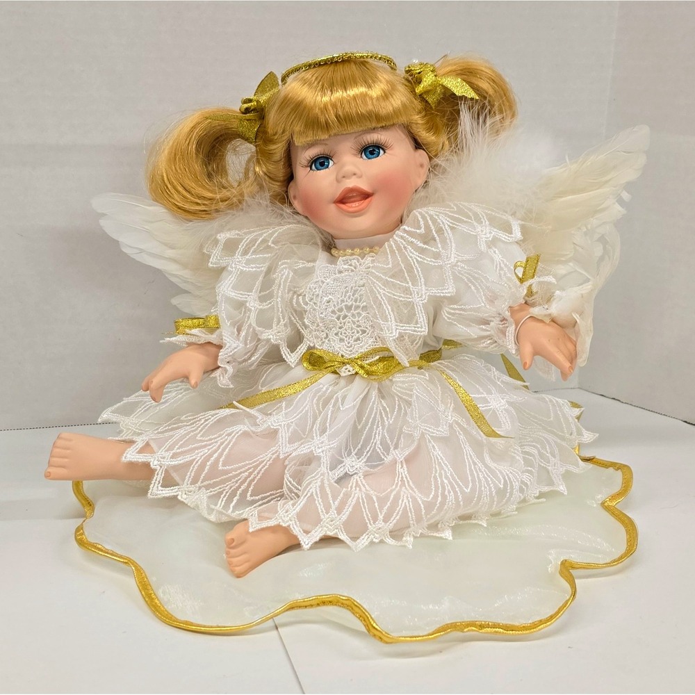 Girl Angel Doll Blonde Straight Hair Blue Eyes Lace Dress Wings Bird Accessory